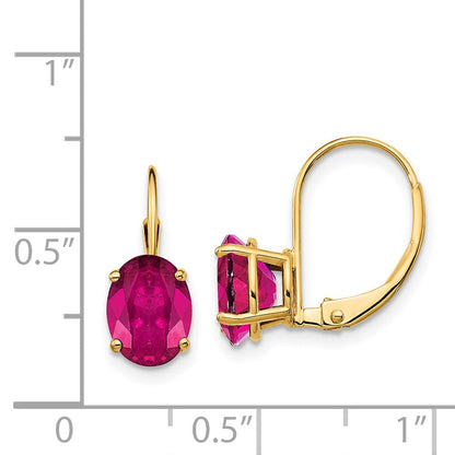 14K Gelbgold Ohrhänger mit ovalem 8x6 mm synthetischem Rubin und Leverback-Verschluss