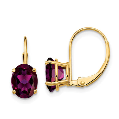 14K Gelbgold Ohrhänger mit ovalem Rhodolith-Granat, 8 x 6 mm, mit Leverback-Verschluss