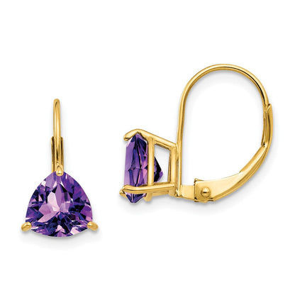 14K Gelbgold Ohrhänger mit trillantförmigem Amethyst, 7 mm, Leverback-Verschluss