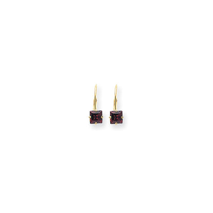 14K Gelbgold Ohrhänger mit Prinzessschliff-Rhodolith-Granat, 5 mm, Leverback-Verschluss