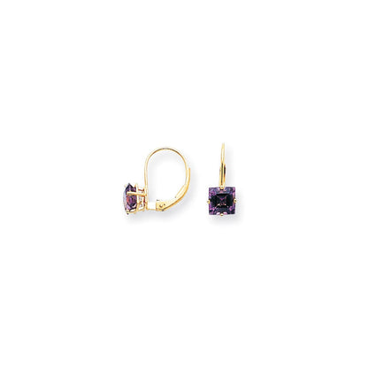14K Gelbgold Ohrhänger mit Amethyst im Prinzessschliff, 6 mm, mit Leverback-Verschluss