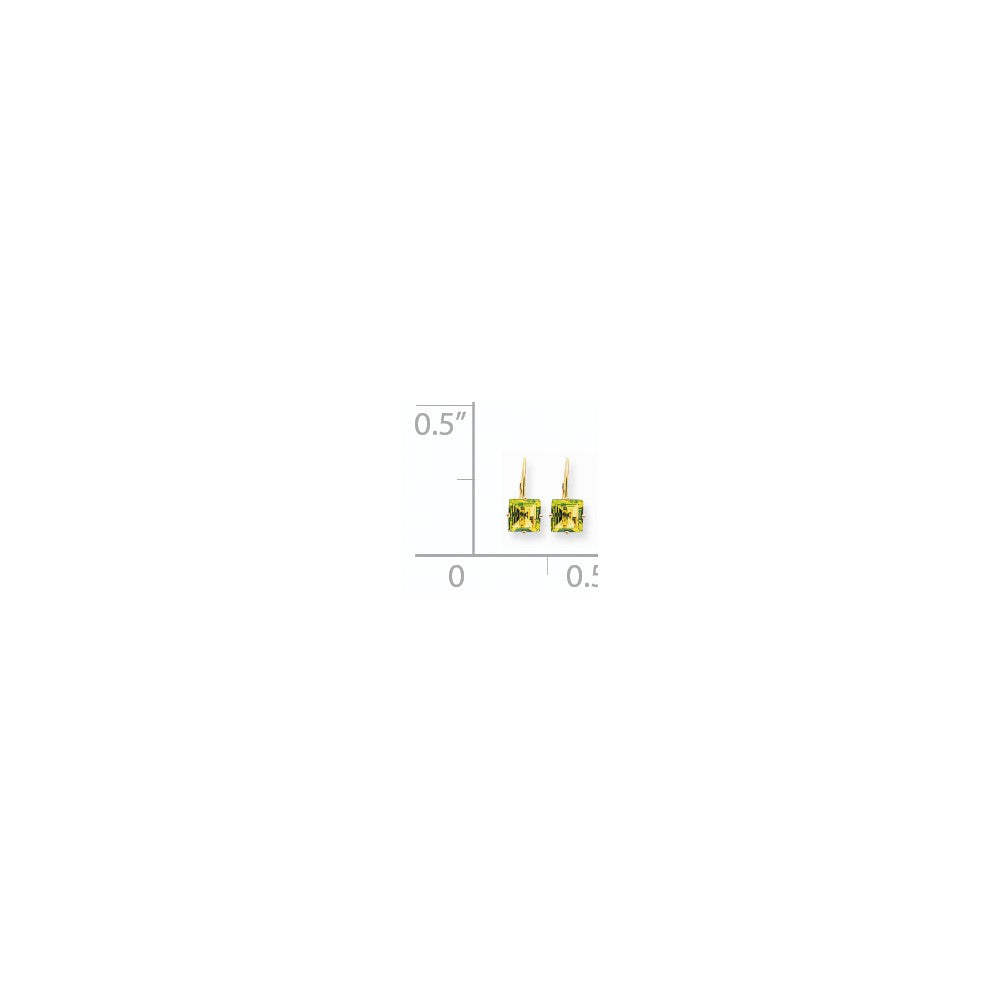 14K Gelbgold Ohrringe mit 7 mm Peridot im Prinzessschliff und Leverback-Verschluss