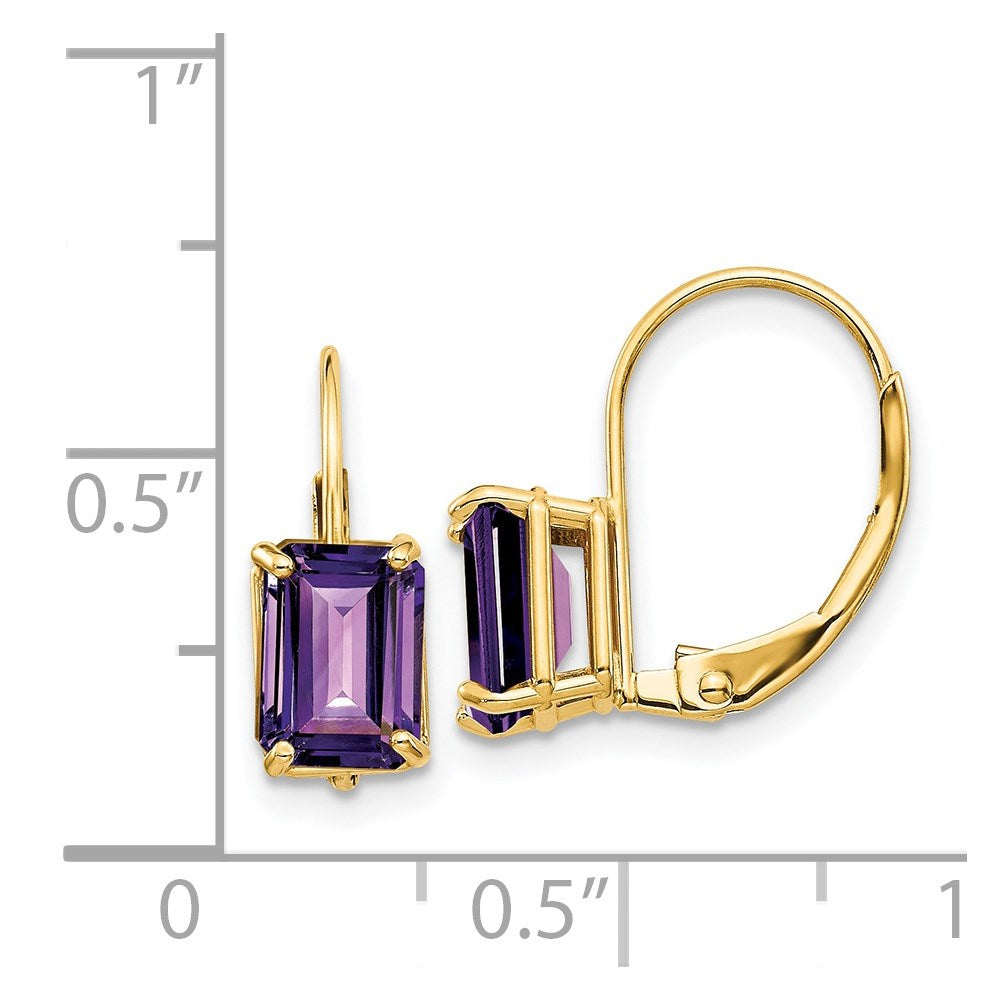 14K Gelbgold Ohrhänger mit Amethyst im Smaragdschliff 7x5mm, Leverback-Verschluss