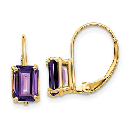 14K Gelbgold Ohrhänger mit Amethyst im Smaragdschliff 7x5mm, Leverback-Verschluss
