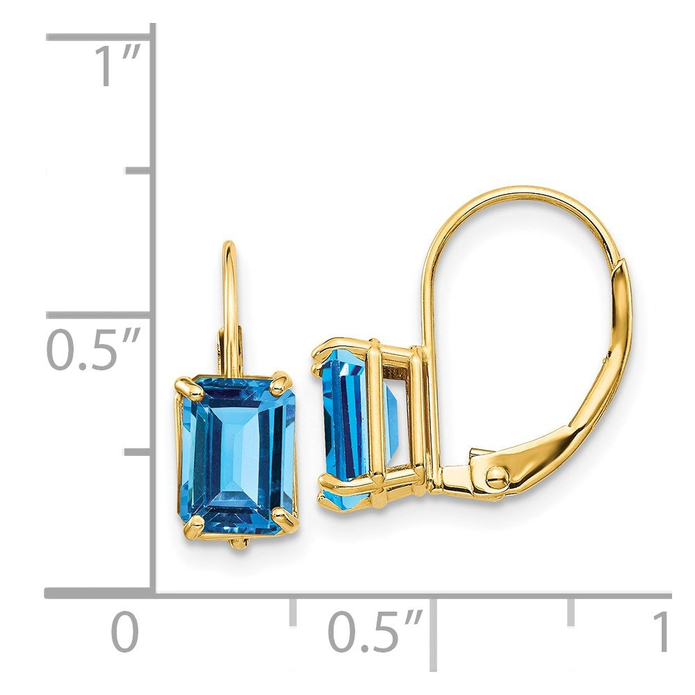 14K Gelbgold Ohrhänger mit Blautopas im Smaragdschliff (7x5 mm) und Leverback-Verschluss