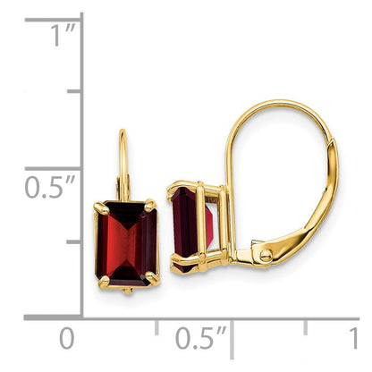 14K Gelbgold Ohrringe mit Granat im Emerald-Cut, 7 x 5 mm, mit Leverback-Verschluss