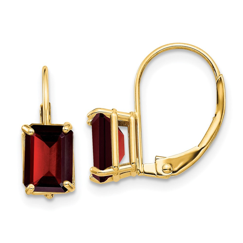 14K Gelbgold Ohrringe mit Granat im Emerald-Cut, 7 x 5 mm, mit Leverback-Verschluss