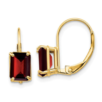 14K Gelbgold Ohrringe mit Granat im Emerald-Cut, 7 x 5 mm, mit Leverback-Verschluss