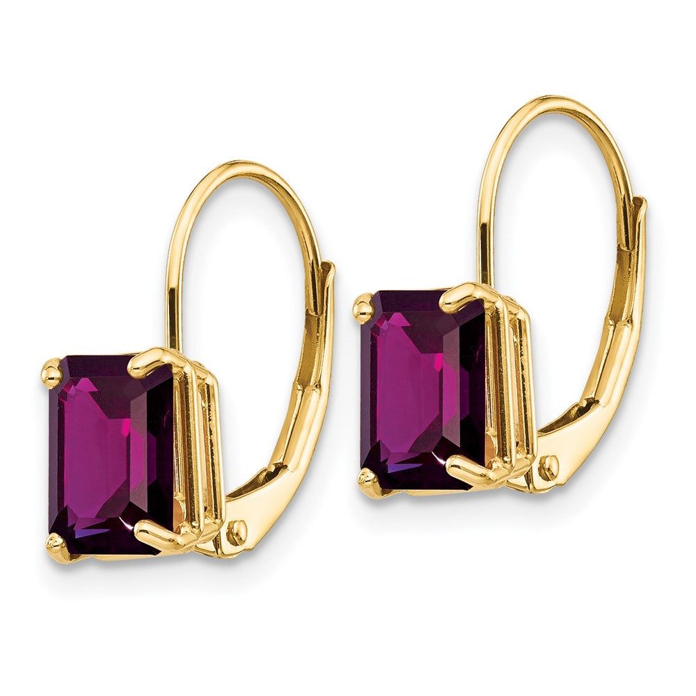 Ohrringe mit Briefkasten-Verschluss, 14K Gelbgold, 7x5 mm Rhodolith-Granat im Smaragdschliff