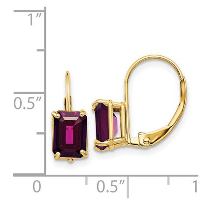 Ohrringe mit Briefkasten-Verschluss, 14K Gelbgold, 7x5 mm Rhodolith-Granat im Smaragdschliff