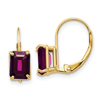 Ohrringe mit Briefkasten-Verschluss, 14K Gelbgold, 7x5 mm Rhodolith-Granat im Smaragdschliff