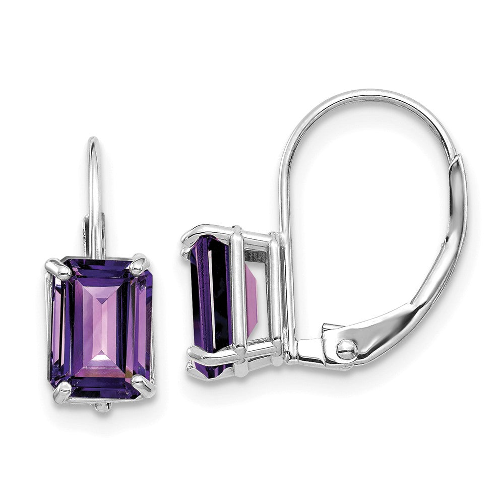 14K Weißgold Ohrhänger mit 7x5 mm Amethyst im Smaragdschliff und Brisurverschluss