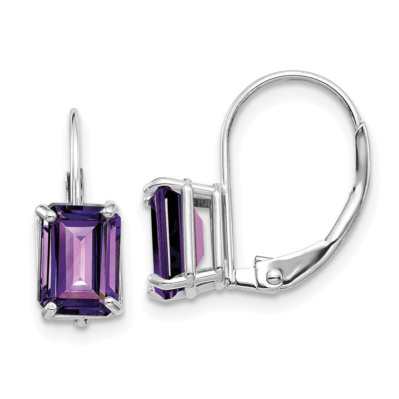 14K Weißgold Ohrhänger mit 7x5 mm Amethyst im Smaragdschliff und Brisurverschluss
