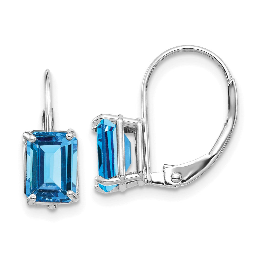 14K Weißgold Ohrringe mit Blautopas im Smaragdschliff, 7x5 mm