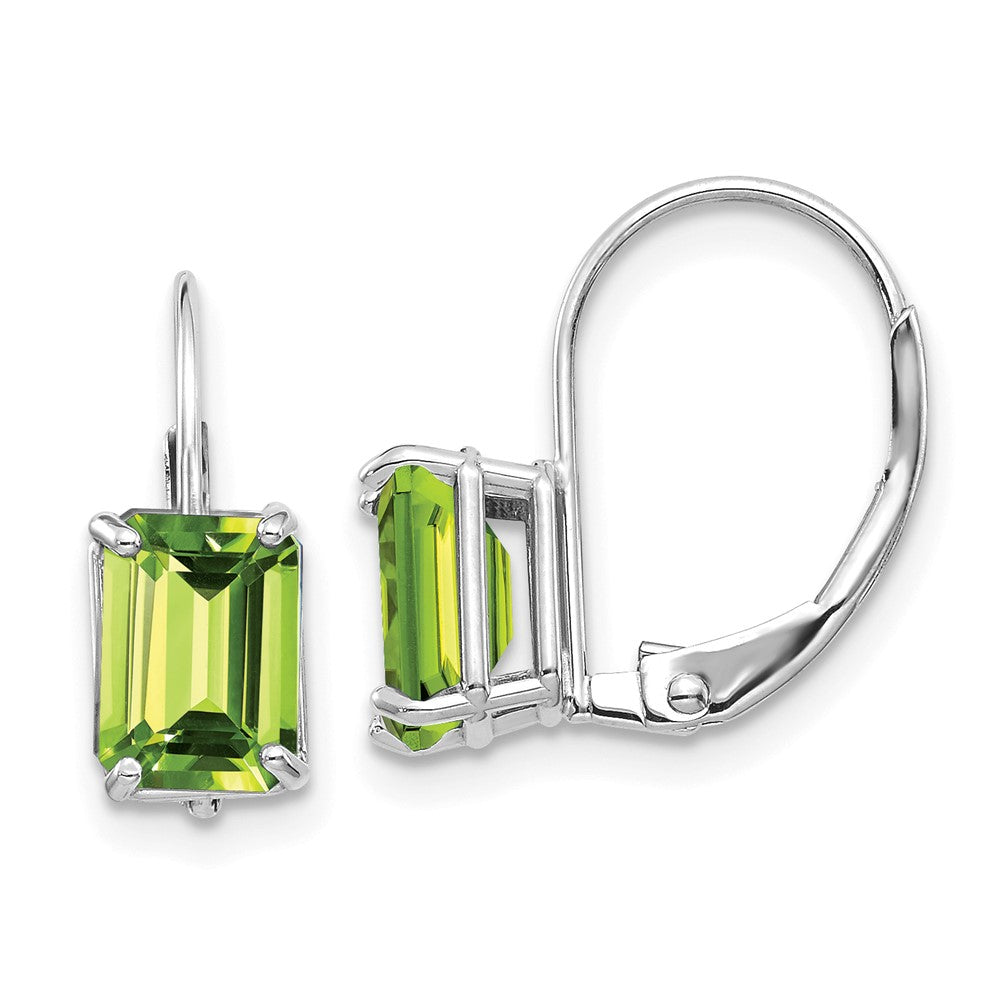 14K Weißgold Ohrhänger mit Peridot im Smaragdschliff 7x5 mm und Brisurverschluss