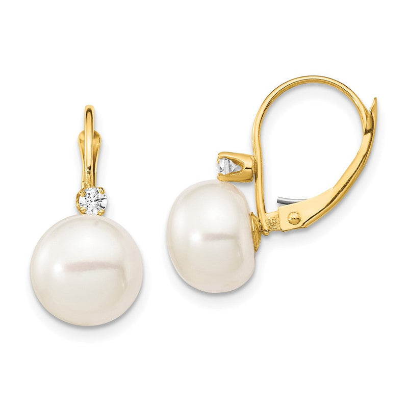 14K Gelbgold Ohrhänger mit 10-11 mm weißen Knopf-Süßwasser-Zuchtperlen, 0,10 ct. echten Diamanten und Klappverschluss