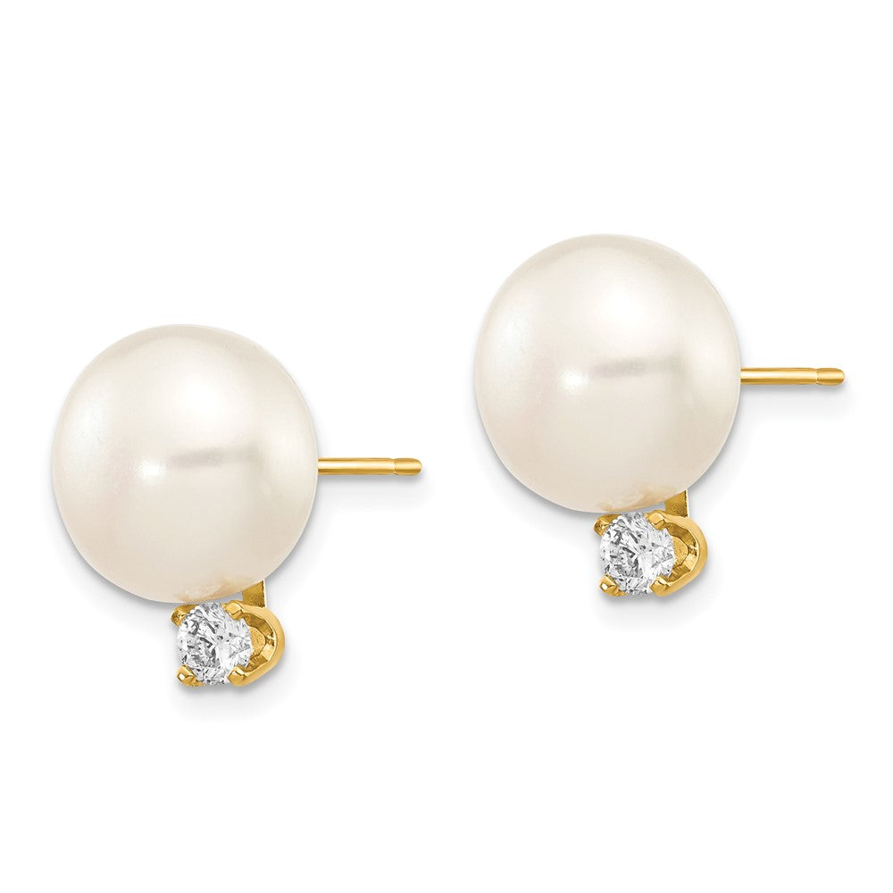 14K Gelbgold Ohrstecker mit weißen 10-11mm Button-Süßwasser-Zuchtperlen und 0,2 ct. echten Diamanten