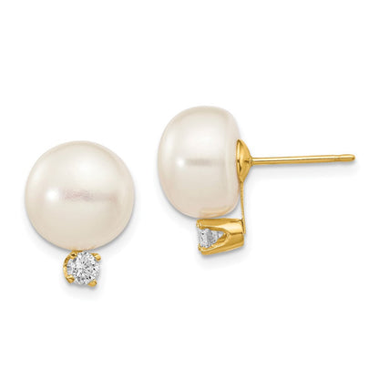 14K Gelbgold Ohrstecker mit weißen 10-11mm Button-Süßwasser-Zuchtperlen und 0,2 ct. echten Diamanten