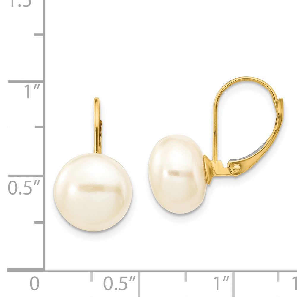 14K Gelbgold 10-11mm Weiße Knopf-Süßwasser-Zuchtperlen-Ohrringe mit Leverback-Verschluss