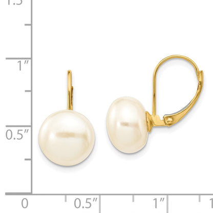 14K Gelbgold 10-11mm Weiße Knopf-Süßwasser-Zuchtperlen-Ohrringe mit Leverback-Verschluss