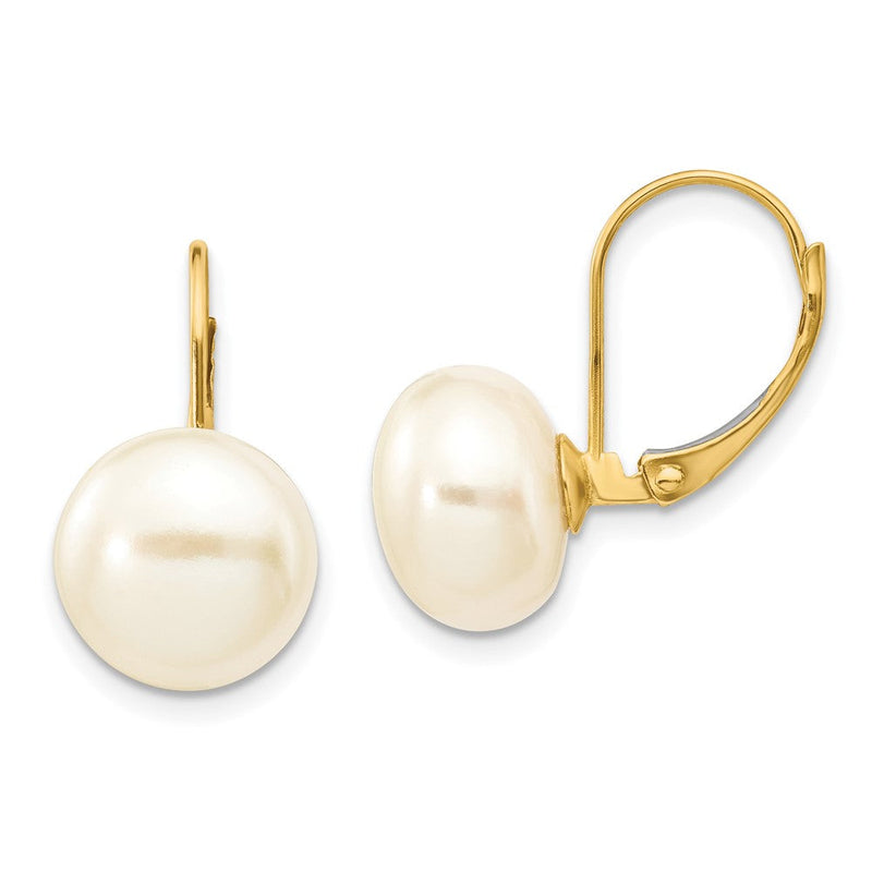 14K Gelbgold 10-11mm Weiße Knopf-Süßwasser-Zuchtperlen-Ohrringe mit Leverback-Verschluss