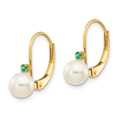 14K Gelbgold 5-5.5mm Weiß Rund Fw Zuchtperle Smaragd Ohrhänger mit Brisur