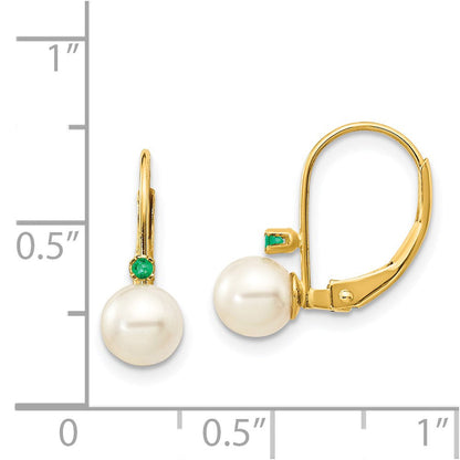 14K Gelbgold 5-5.5mm Weiß Rund Fw Zuchtperle Smaragd Ohrhänger mit Brisur