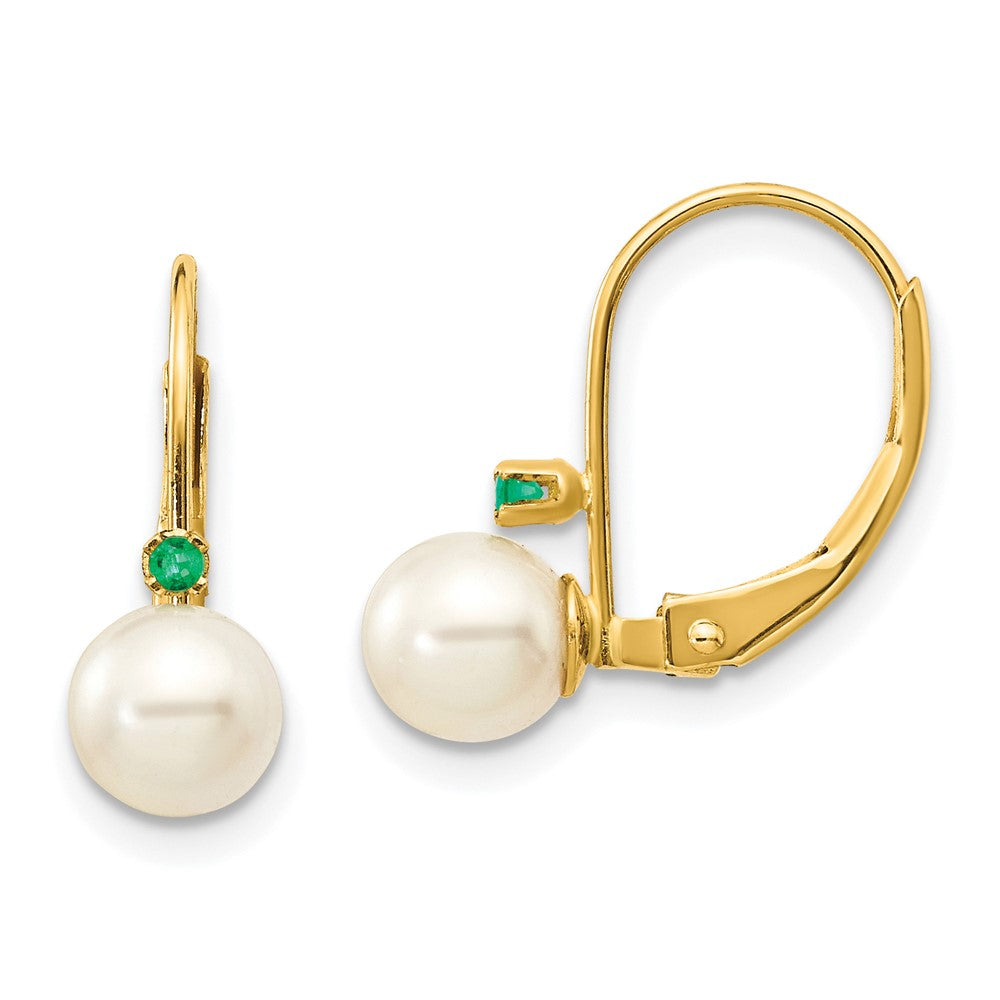 14K Gelbgold 5-5.5mm Weiß Rund Fw Zuchtperle Smaragd Ohrhänger mit Brisur