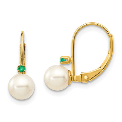 14K Gelbgold 5-5.5mm Weiß Rund Fw Zuchtperle Smaragd Ohrhänger mit Brisur