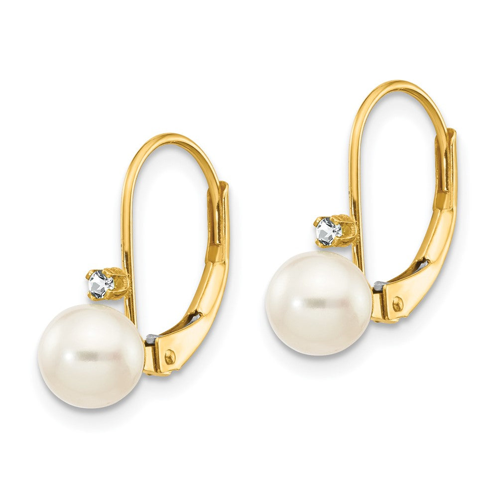 14K Gelbgold 5 6mm Weiß Rund Fw Zuchtperle Aa Diamant Ohrhänger mit Brisur