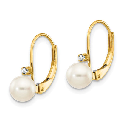 14K Gelbgold 5 6mm Weiß Rund Fw Zuchtperle Aa Diamant Ohrhänger mit Brisur