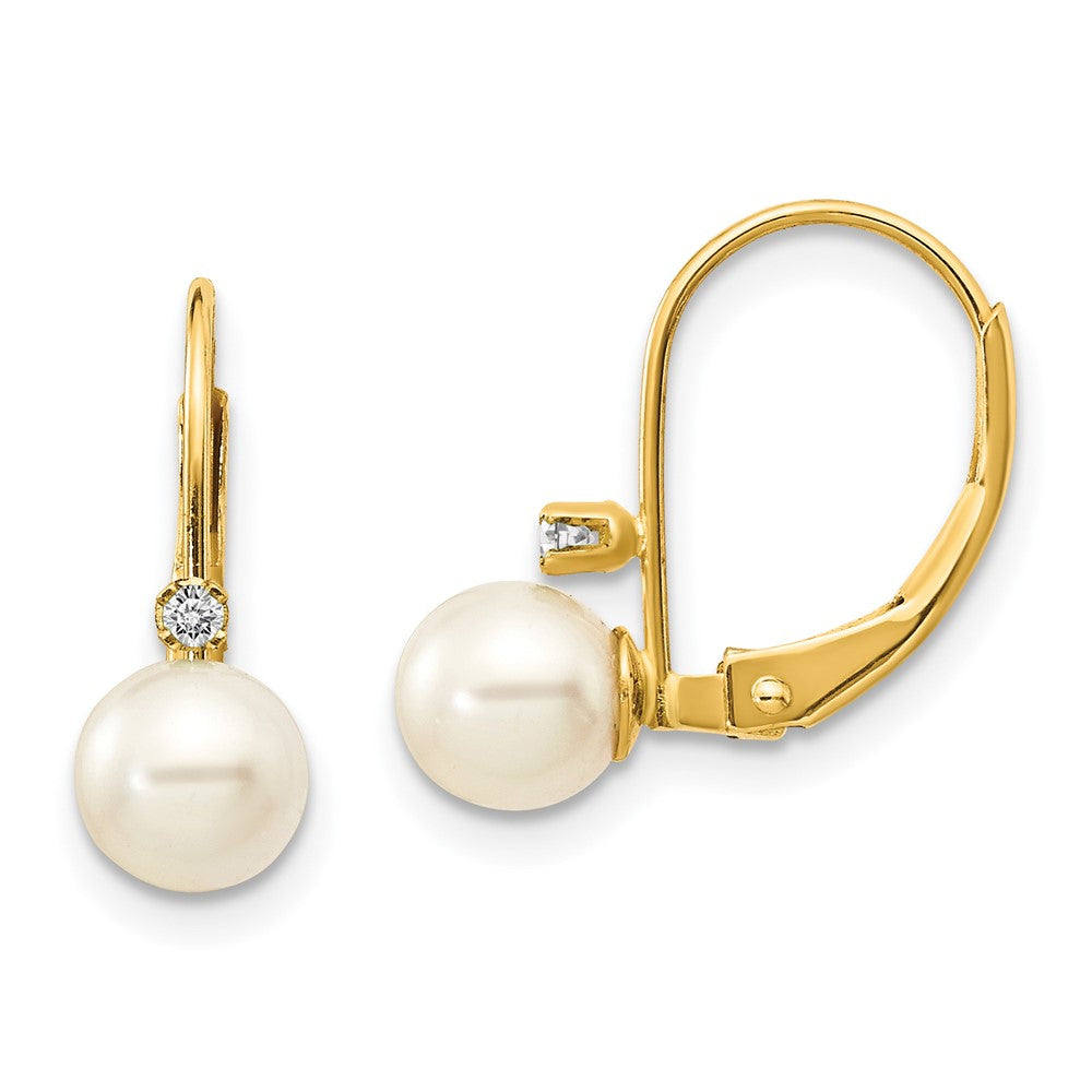 14K Gelbgold 5 6mm Weiß Rund Fw Zuchtperle Aa Diamant Ohrhänger mit Brisur