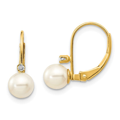 14K Gelbgold 5 6mm Weiß Rund Fw Zuchtperle Aa Diamant Ohrhänger mit Brisur