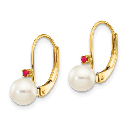 14K Gelbgold 5 5.5mm Weiß Rund Fw Zuchtperle Rubin Ohrhänger mit Brisur