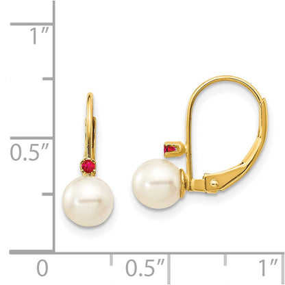 14K Gelbgold 5 5.5mm Weiß Rund Fw Zuchtperle Rubin Ohrhänger mit Brisur