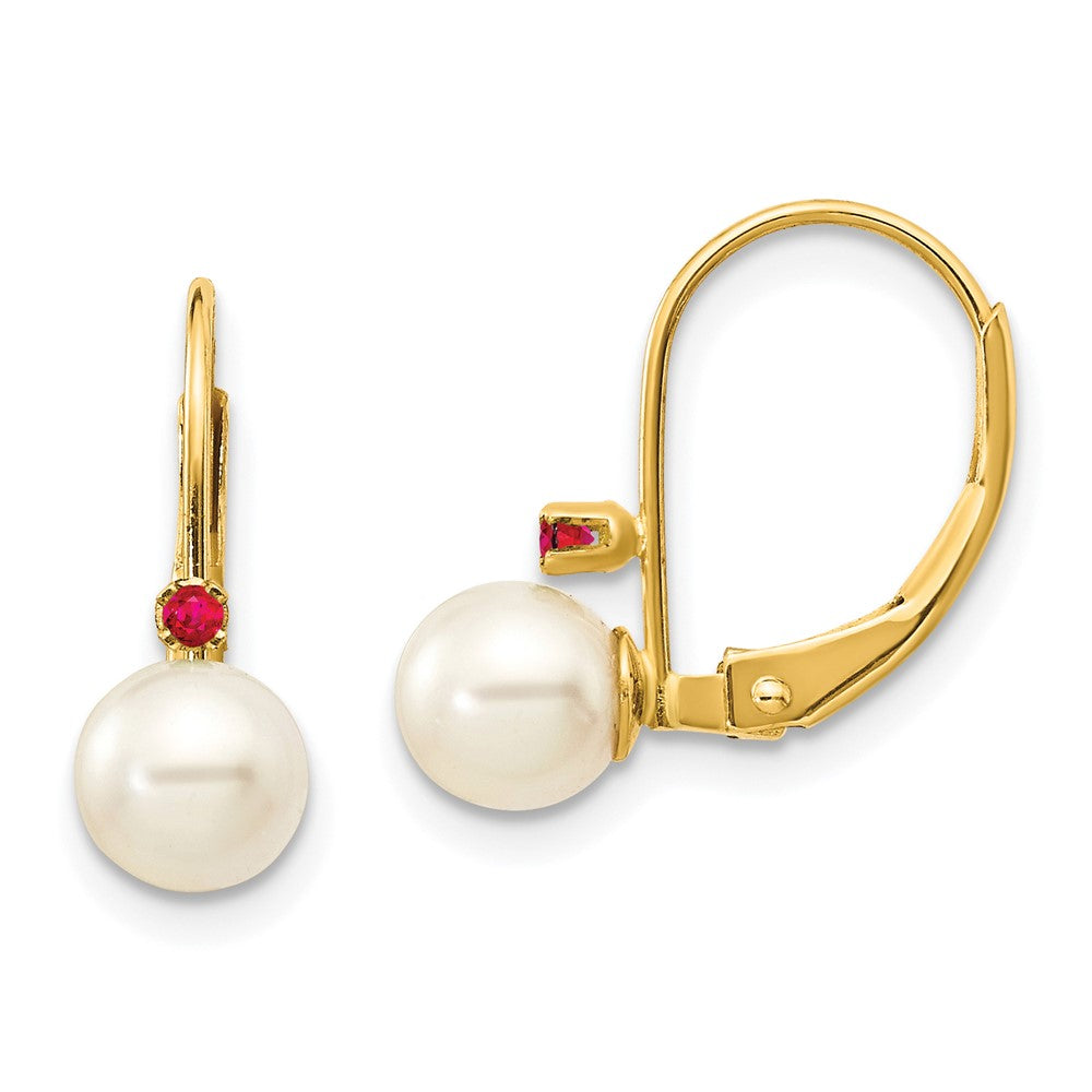 14K Gelbgold 5 5.5mm Weiß Rund Fw Zuchtperle Rubin Ohrhänger mit Brisur