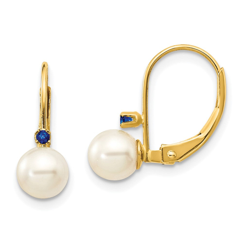 14K Gelbgold 5 5.5mm Weiß Rund Fw Zuchtperle Saphir Ohrhänger mit Brisur
