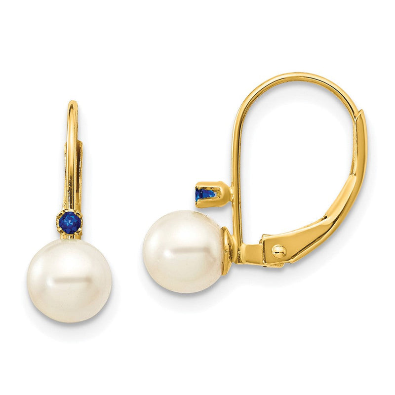 14K Gelbgold 5 5.5mm Weiß Rund Fw Zuchtperle Saphir Ohrhänger mit Brisur