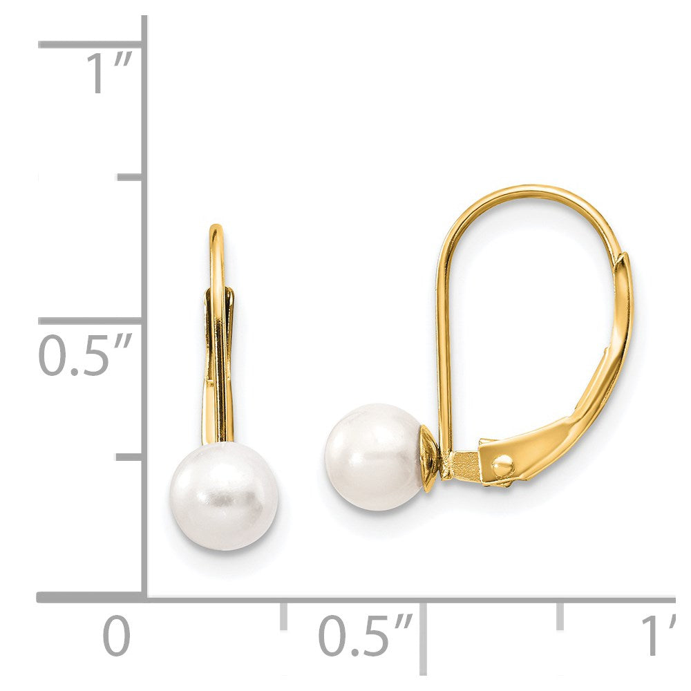 14K Gelbgold Ohrhänger mit weißen runden Süßwasser-Zuchtperlen, 5-6 mm, mit Leverback-Verschluss