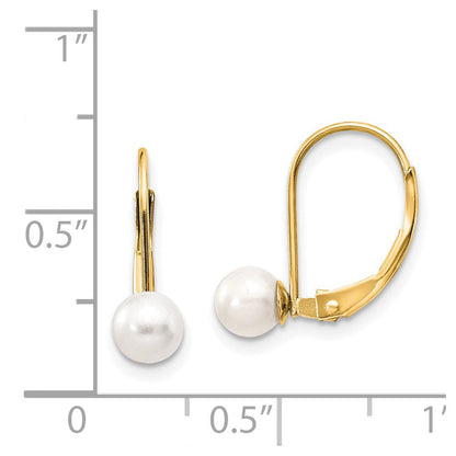 14K Gelbgold Ohrhänger mit weißen runden Süßwasser-Zuchtperlen, 5-6 mm, mit Leverback-Verschluss