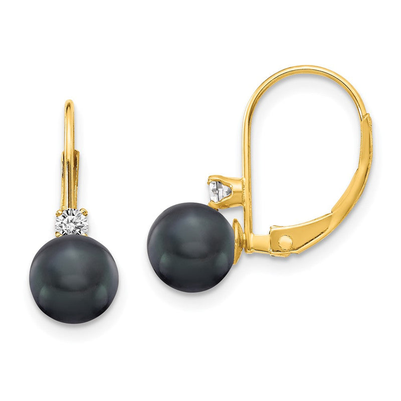 14K Gelbgold 6-7mm Schwarz Fw Zuchtperle Aa Echt Diamant Ohrhänger mit Brisur