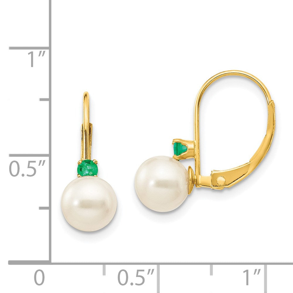 14K Gelbgold 6-6.5mm Weiß Rund Fw Zuchtperle Smaragd Ohrhänger mit Brisur