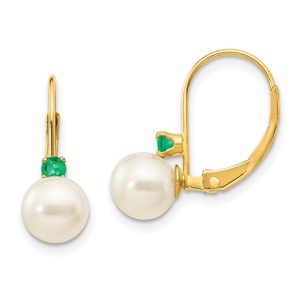 14K Gelbgold 6-6.5mm Weiß Rund Fw Zuchtperle Smaragd Ohrhänger mit Brisur