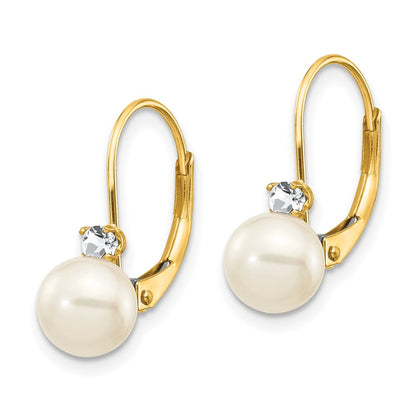 14K Gelbgold 6-7mm Weiß Rund Fw Zuchtperle Aa Echt Diamant Ohrhänger mit Brisur