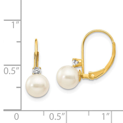 14K Gelbgold 6-7mm Weiß Rund Fw Zuchtperle Aa Echt Diamant Ohrhänger mit Brisur