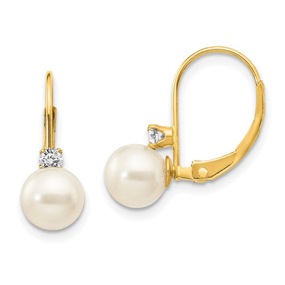 14K Gelbgold 6-7mm Weiß Rund Fw Zuchtperle Aa Echt Diamant Ohrhänger mit Brisur