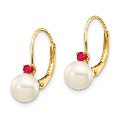 14K Gelbgold 6-6.5mm Weiß Rund Fw Zuchtperle Rubin Ohrhänger mit Brisur