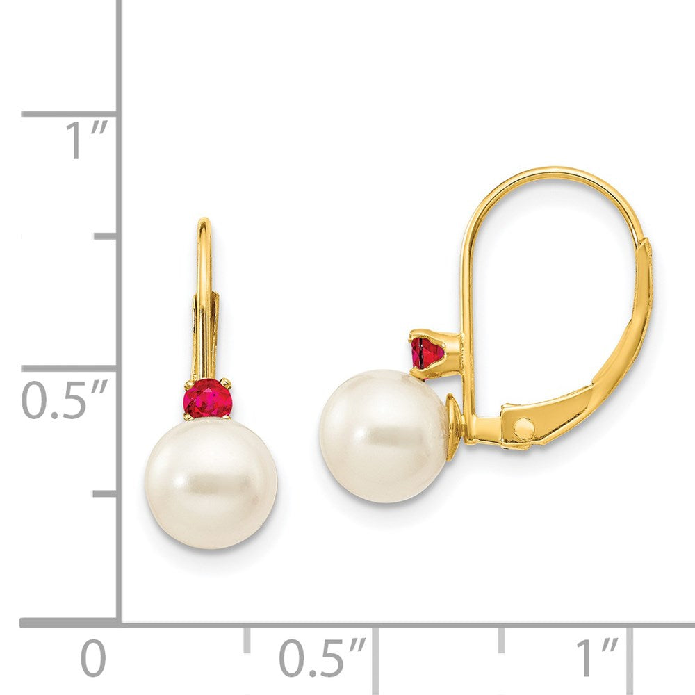 14K Gelbgold 6-6.5mm Weiß Rund Fw Zuchtperle Rubin Ohrhänger mit Brisur