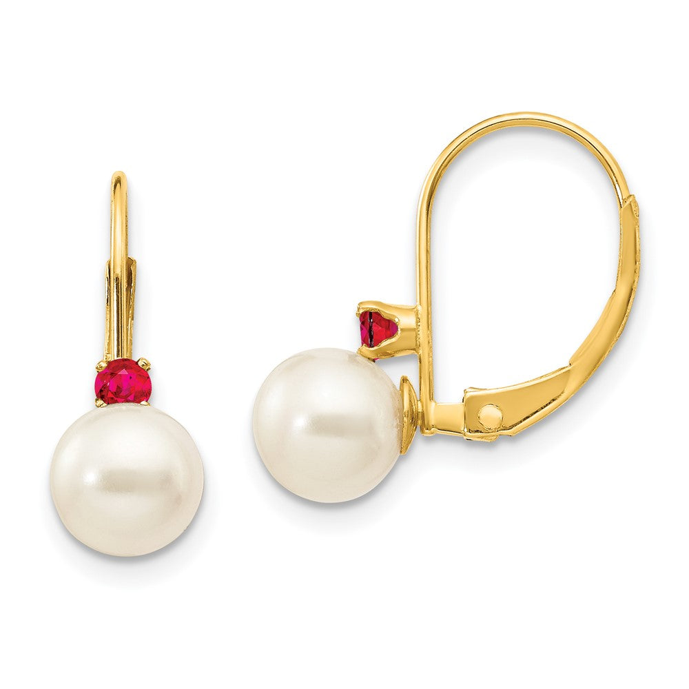 14K Gelbgold 6-6.5mm Weiß Rund Fw Zuchtperle Rubin Ohrhänger mit Brisur