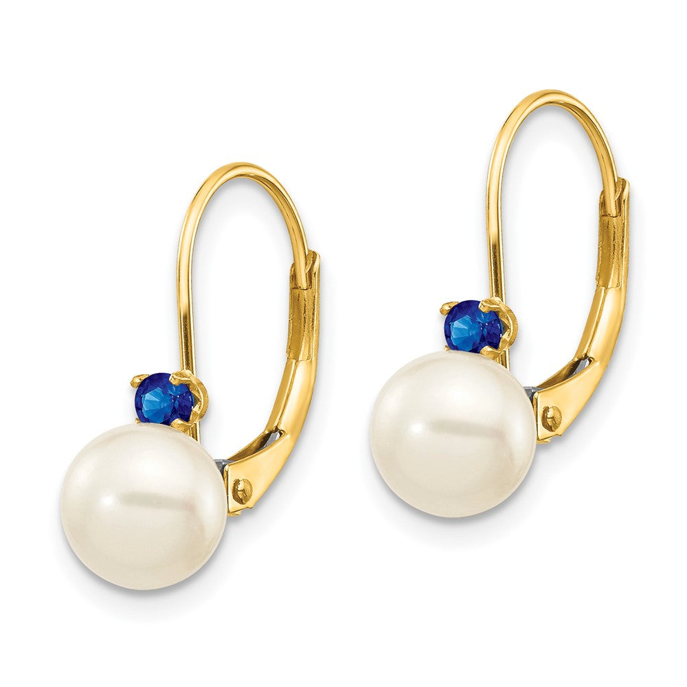 14K Gelbgold 6 6.5mm Weiß Rund Fw Zuchtperle Saphir Ohrhänger mit Brisur